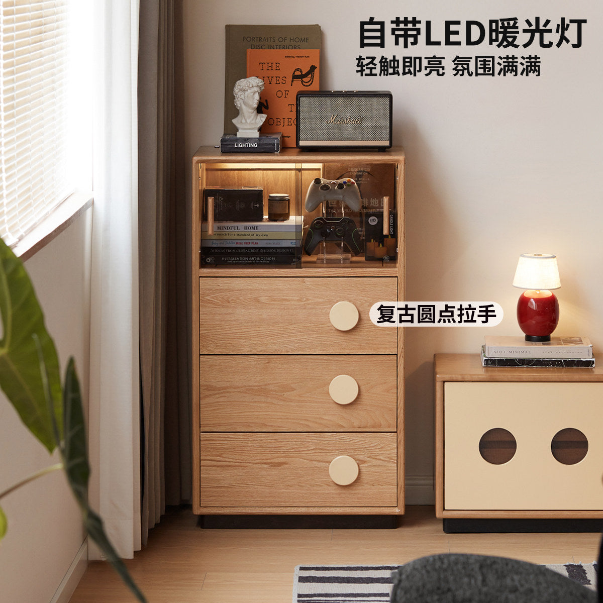 实木边柜客厅中古风抽屉储物柜落地复古置物柜橡木展示柜
