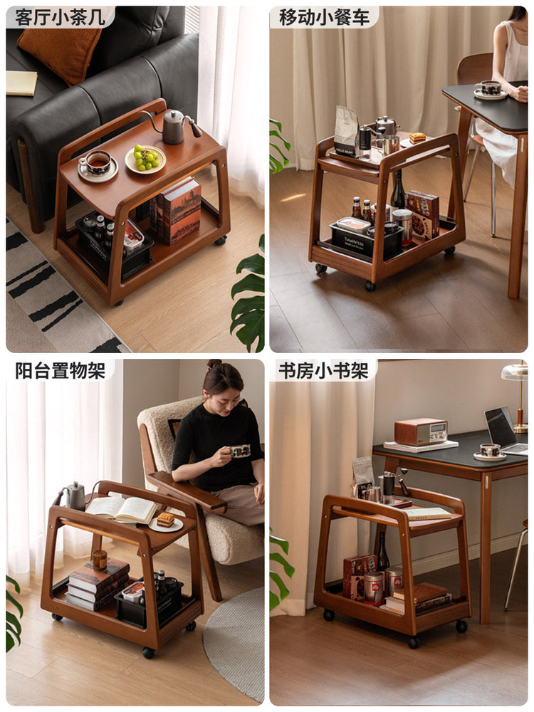 实木边几中古风小茶几双层置物角几客厅小户型移动小推车