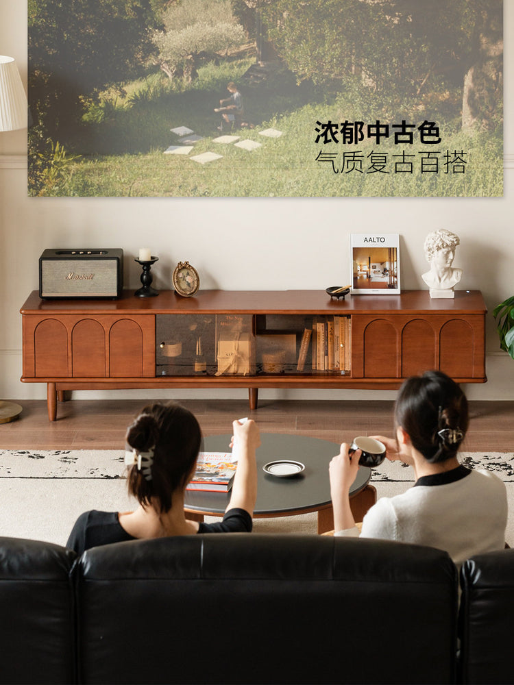 实木电视柜法式复古收纳储物地柜客厅中古风电视机柜
