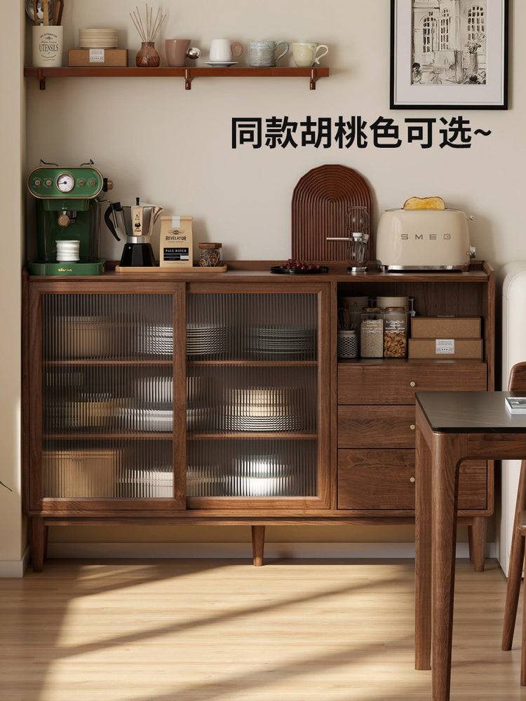 实木餐边柜黑胡桃木餐厅现代简约玻璃柜小户型储物柜