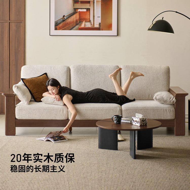 实木客厅简约可拆洗布艺沙发胡桃色三人位沙发