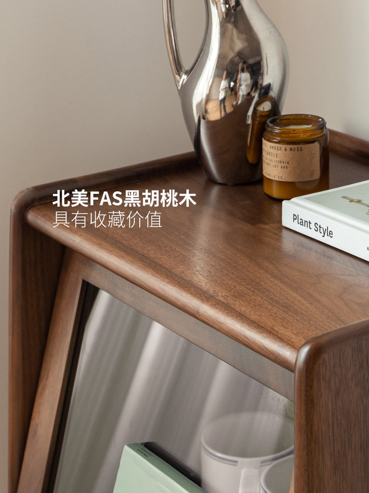 实木边柜现代简约客厅玻璃翻门展示柜黑胡桃木高脚置物柜
