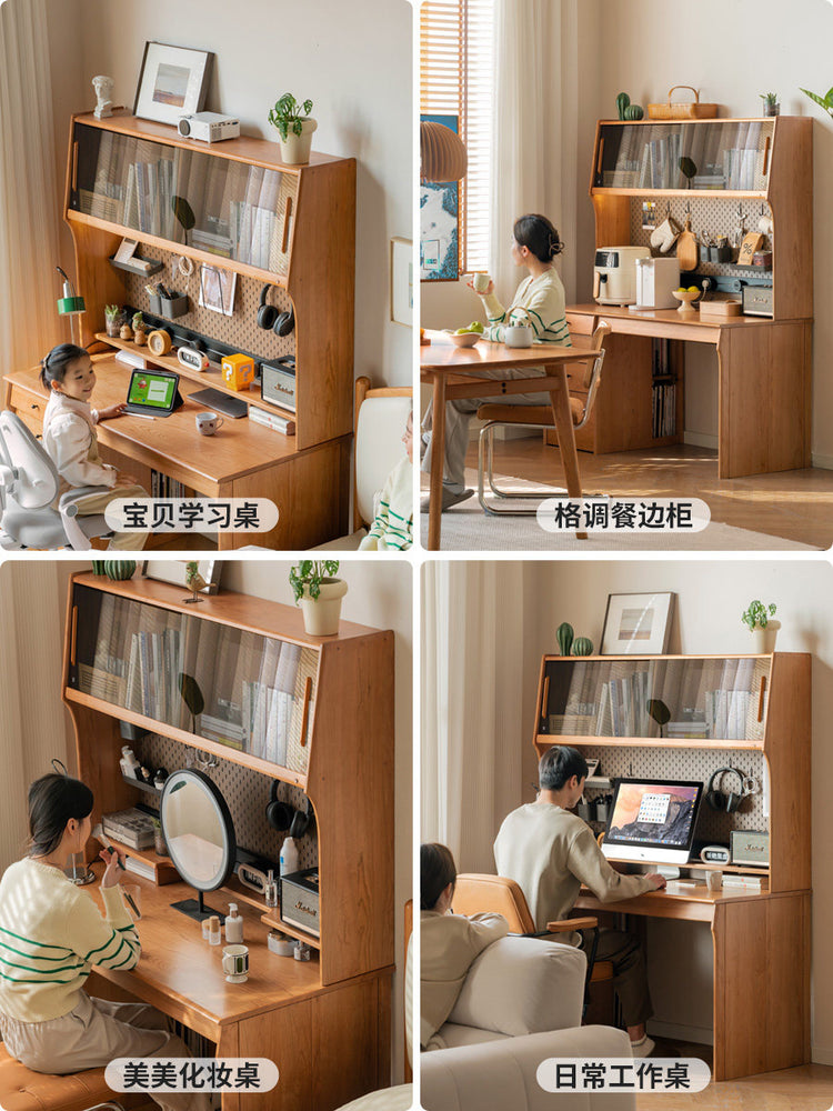 实木书桌书架一体中古樱桃木多功能办公桌电脑桌书房桌子