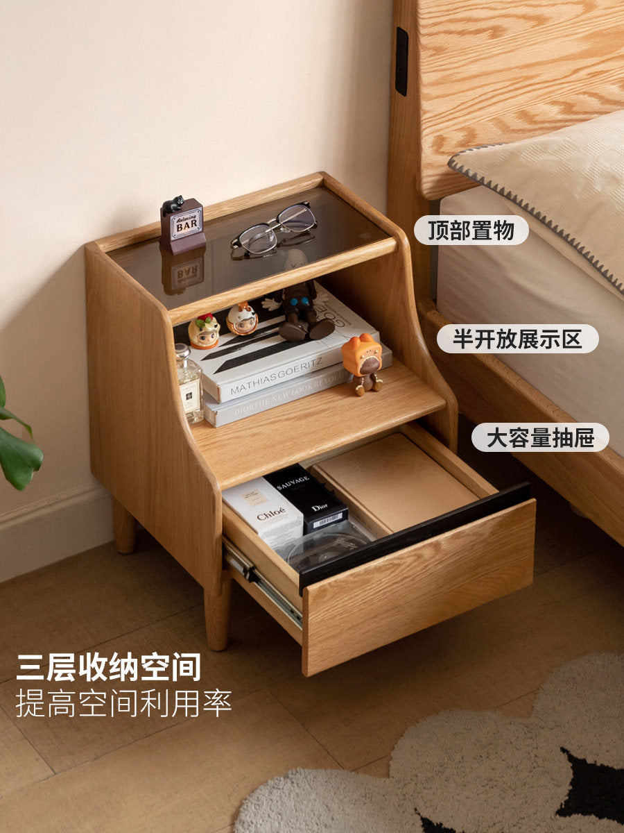 实木床头柜简约卧室床边柜原木风玻璃柜橡木储物柜