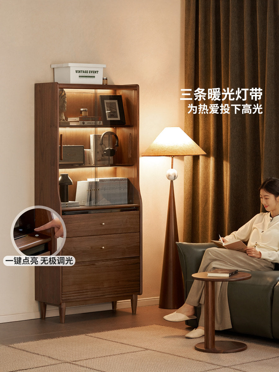实木书柜轻奢黑胡桃木储物柜书房置物柜带灯展示柜