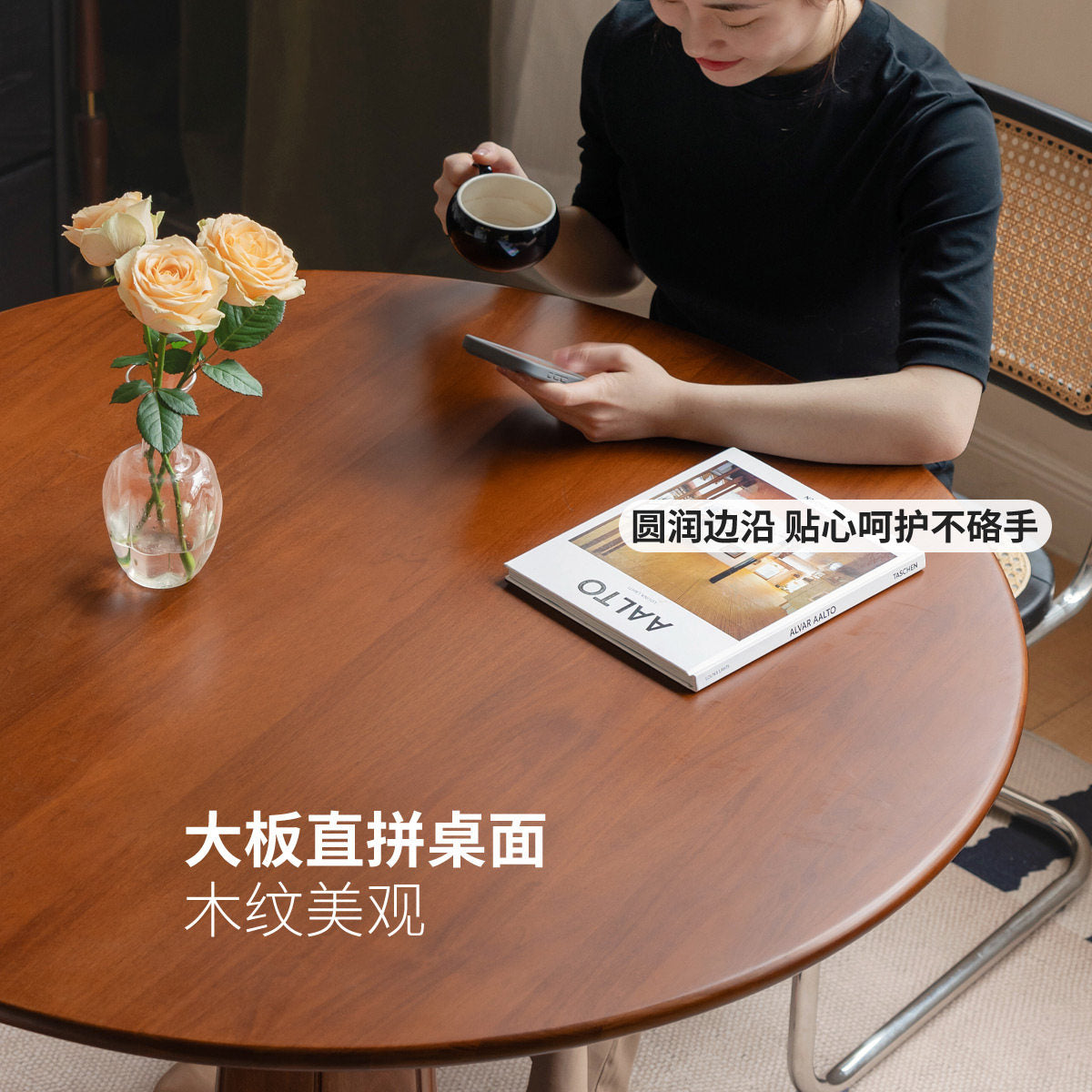实木小户型餐厅中古风圆餐桌复古吃饭桌椅组合