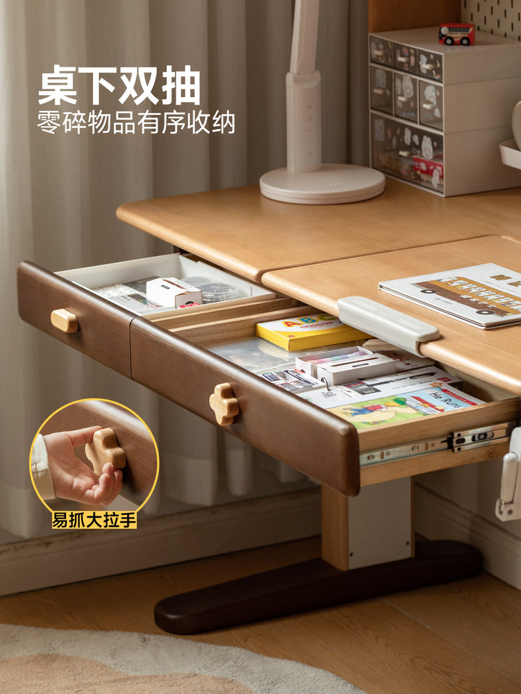 实木儿童学习桌手摇升降书柜书桌一体学习专用写字桌