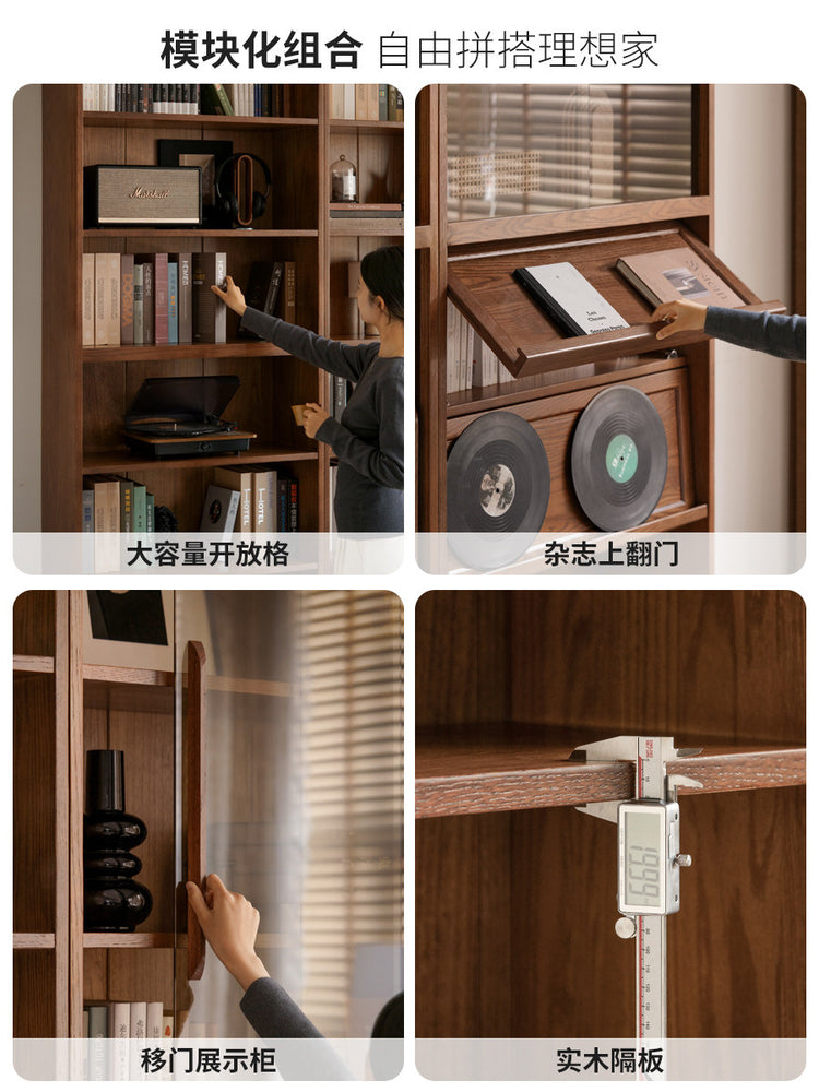 实木书柜一体整墙书房橡木卡座储物柜胡桃色落地书架
