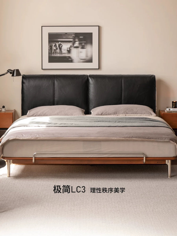真皮床卧室包豪斯头层牛皮软靠床中古风高靠背双人床