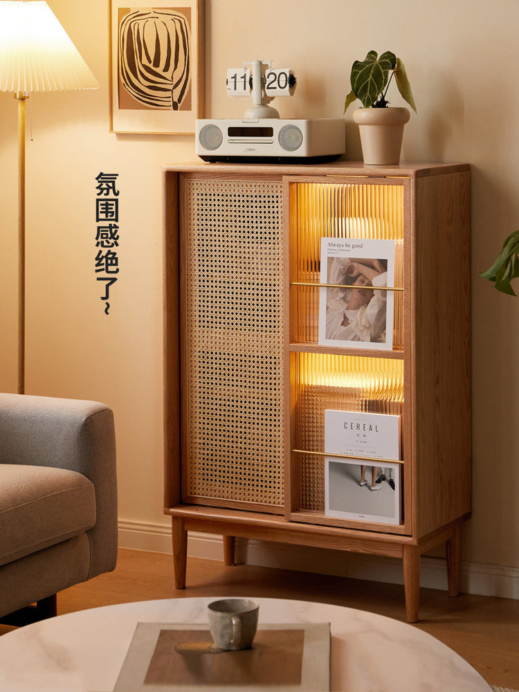全实木边柜现代简约藤编移门储物柜北欧小户型客厅置物柜
