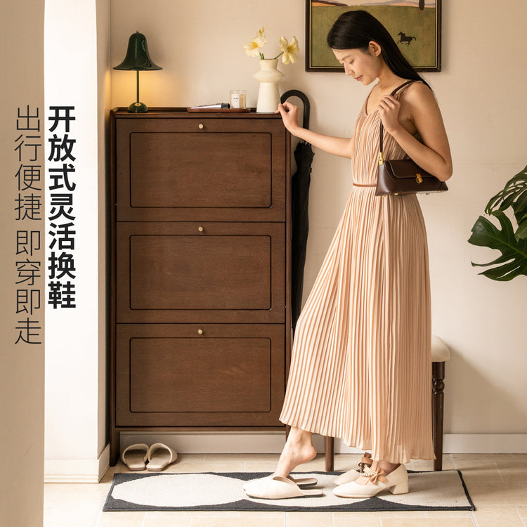 实木鞋柜现代简约翻斗柜客厅门口超薄胡桃色入户玄关柜