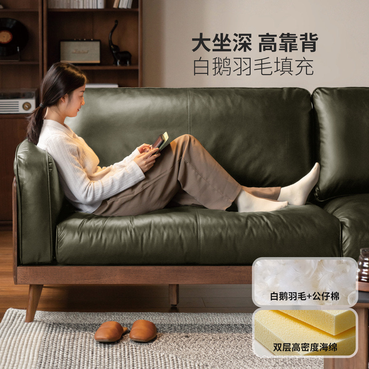 意式轻奢小户型头层牛皮实木客厅橡胶木沙发