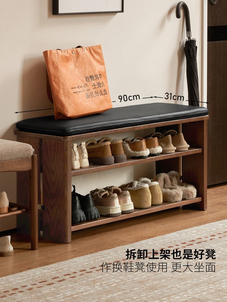 实木换鞋凳客厅胡桃色门口橡木入门玄关柜衣帽架一体