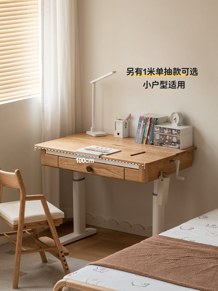 纯实木儿童学习桌可升降手摇书桌小学生写字桌子椅子套装