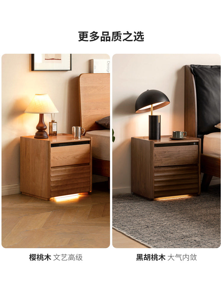 实木床头柜现代简约卧室收纳柜白蜡木黑标带灯储物柜