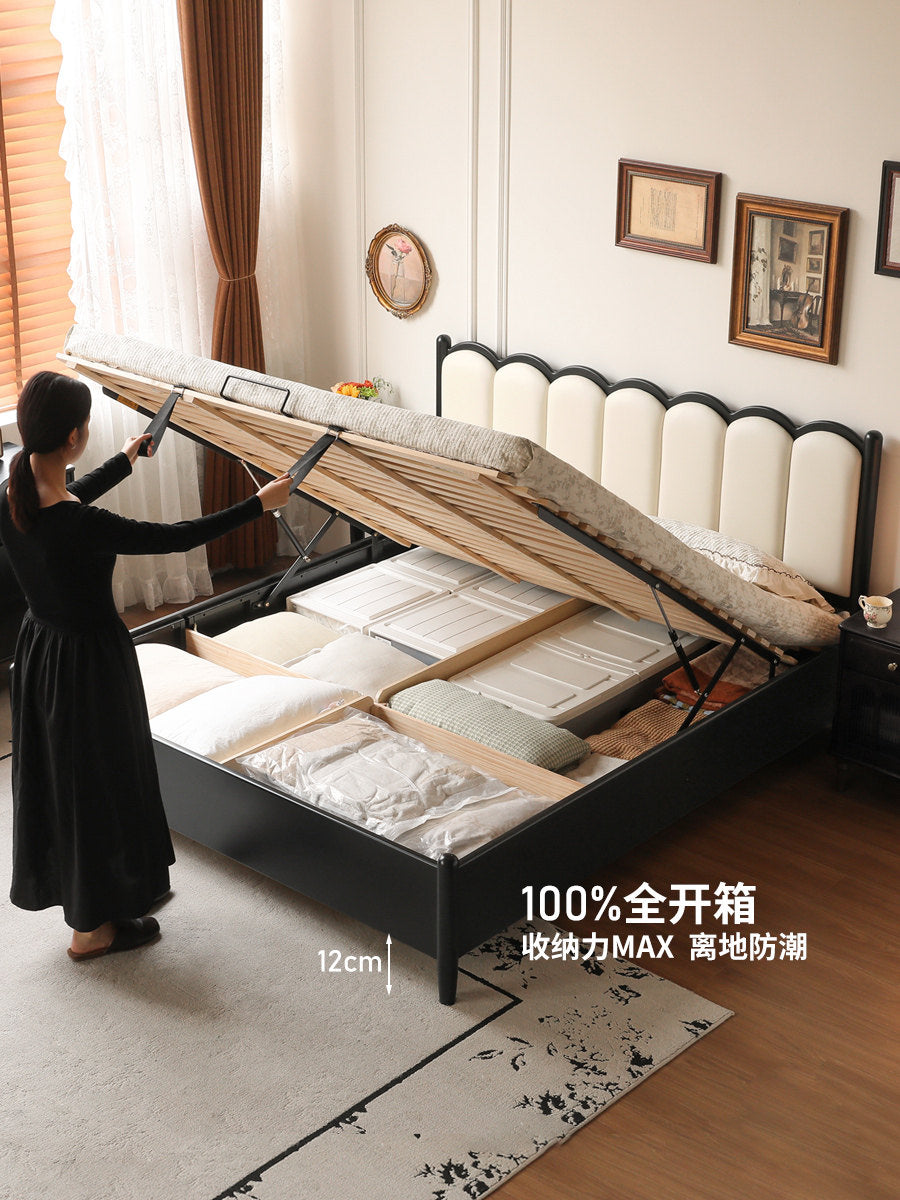 实木床法式复古软包储物床卧室中古风双人床黑色箱体床