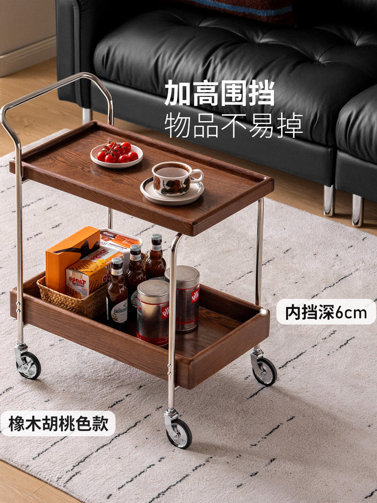 实木边几客厅中古风双层收纳小茶几小户型移动小推车