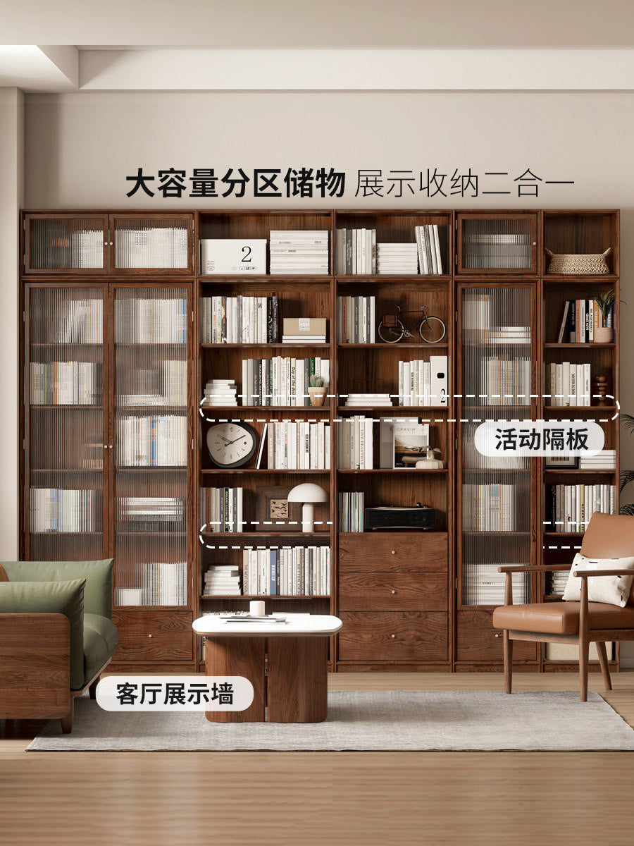 实木防尘玻璃门书柜背景墙落地整墙书架简约展示柜组合柜