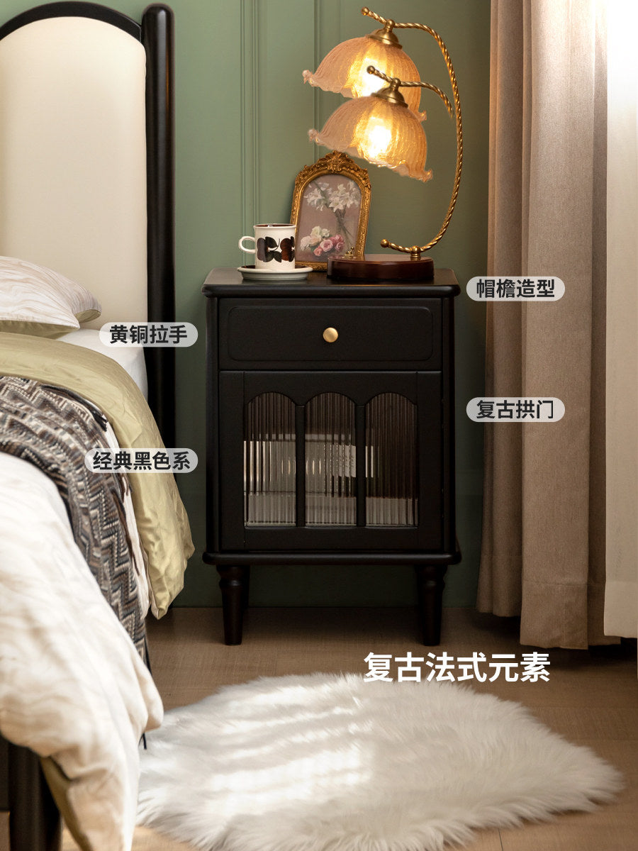 实木床头柜法式复古风床边柜卧室小柜子黑色储物柜