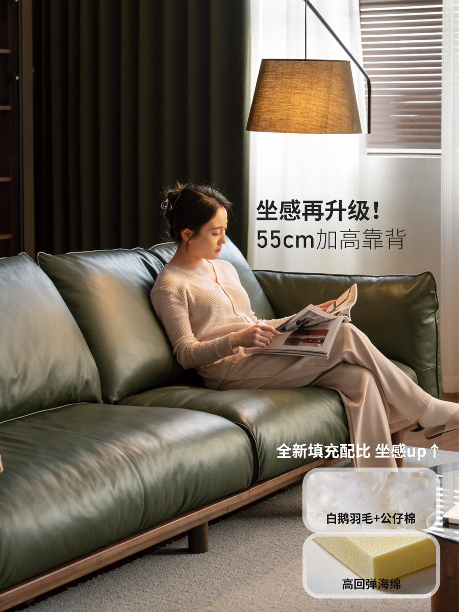 实木客厅意式轻奢歌德三人位真皮沙发黑胡桃沙发