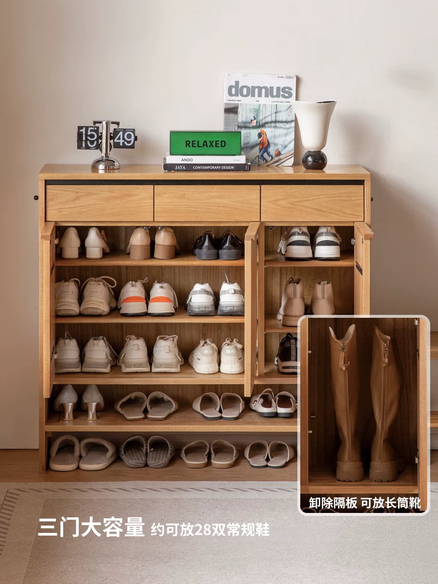 Solid Wood Shoe Cabinet with Drawers and Adjustable Shelves