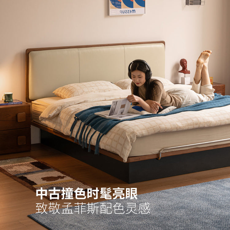实木床卧室中古风真皮床黑胡桃木悬浮床储物箱体床