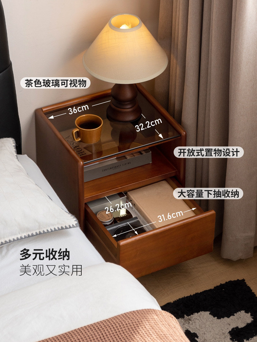 实木床头柜小户型玻璃床边柜柚木色卧室小柜子储物柜