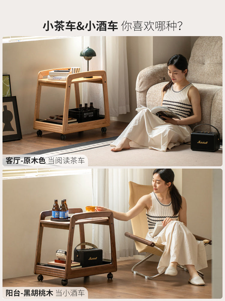 实木边几中古双层置物小茶几客厅角几黑胡桃木移动小推车