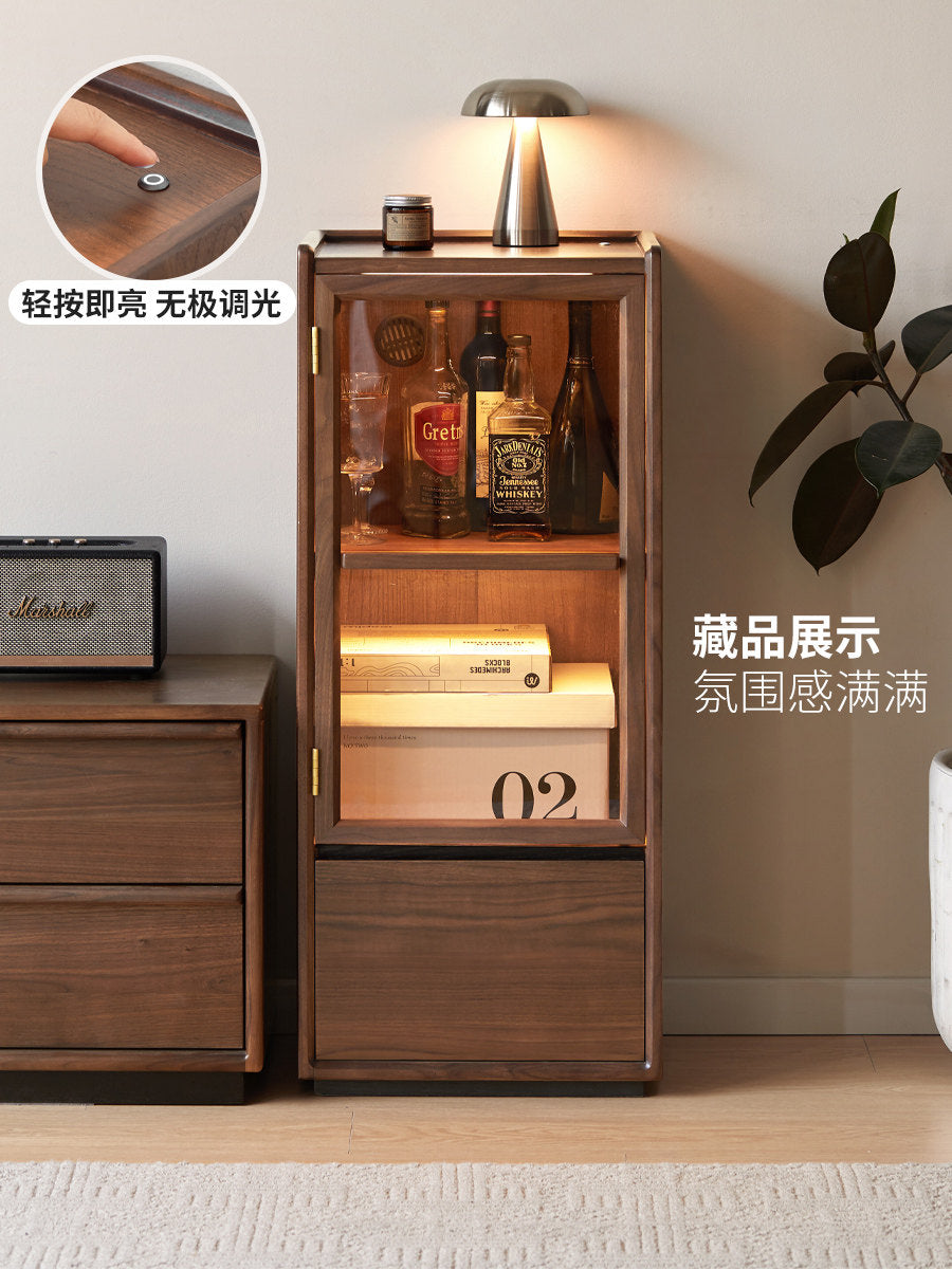 实木边柜客厅落地收纳储物柜黑胡桃木置物柜展示柜