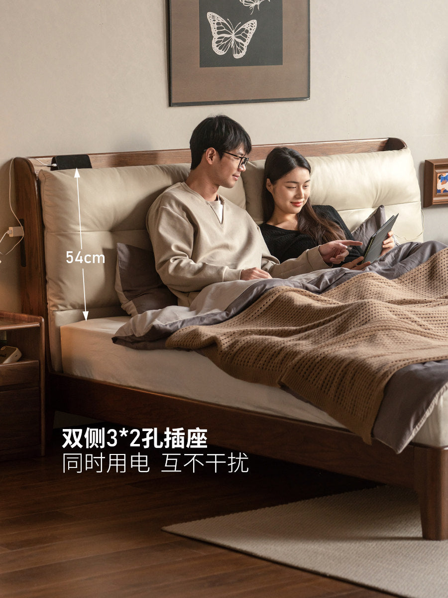 实木床卧室轻奢真皮床高端大气软靠床橡木多功能大床