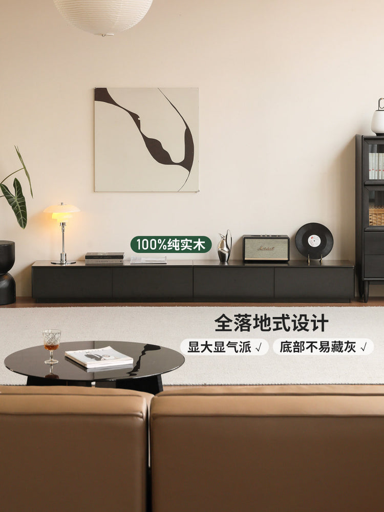 实木电视柜现代简约落地收纳储物地柜客厅黑色地台