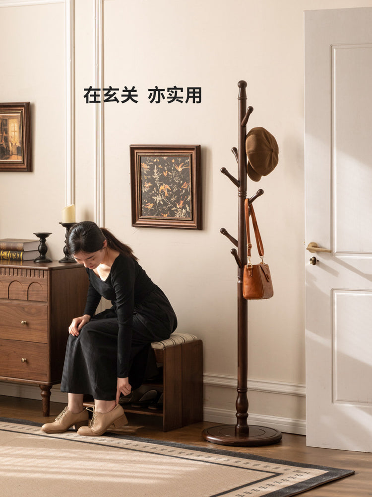 实木挂衣架美式复古可拆装衣帽架卧室胡桃色落地置物架