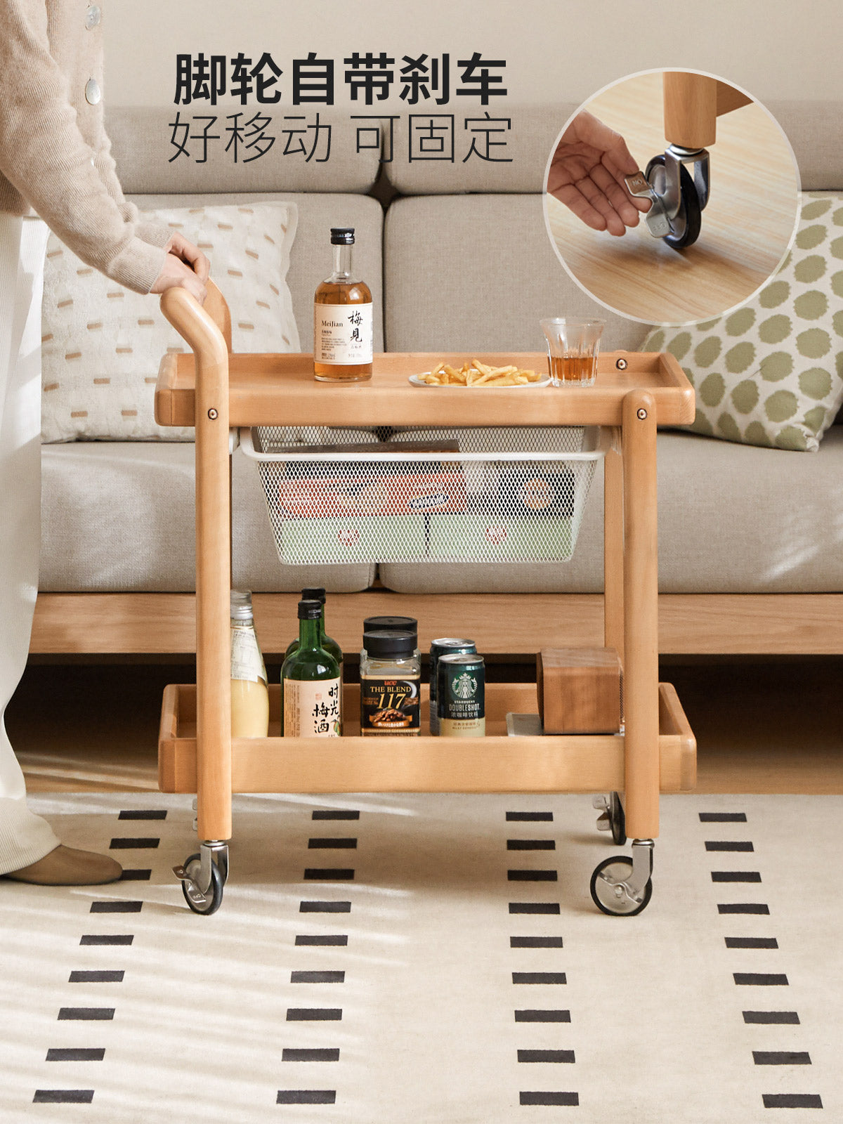 Solid wood side table, modern minimalist living room sofa side table, natural wood storage cabinet, mobile trolley.