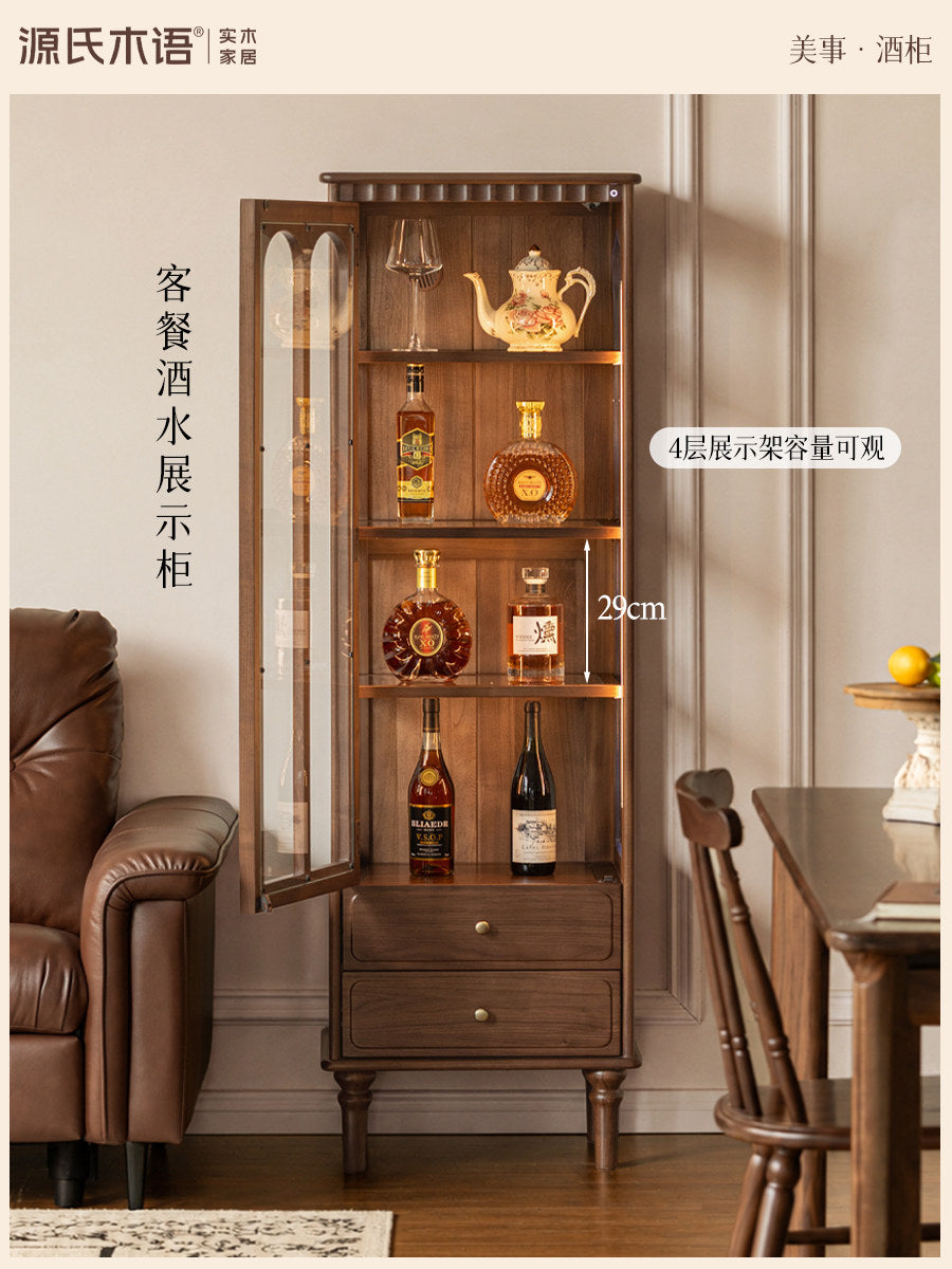 实木酒柜餐厅美式复古展示柜黑胡桃木置物柜玻璃柜子