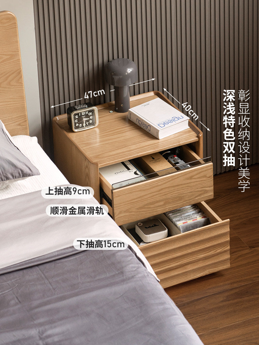 实木床头柜现代简约卧室收纳柜白蜡木黑标带灯储物柜