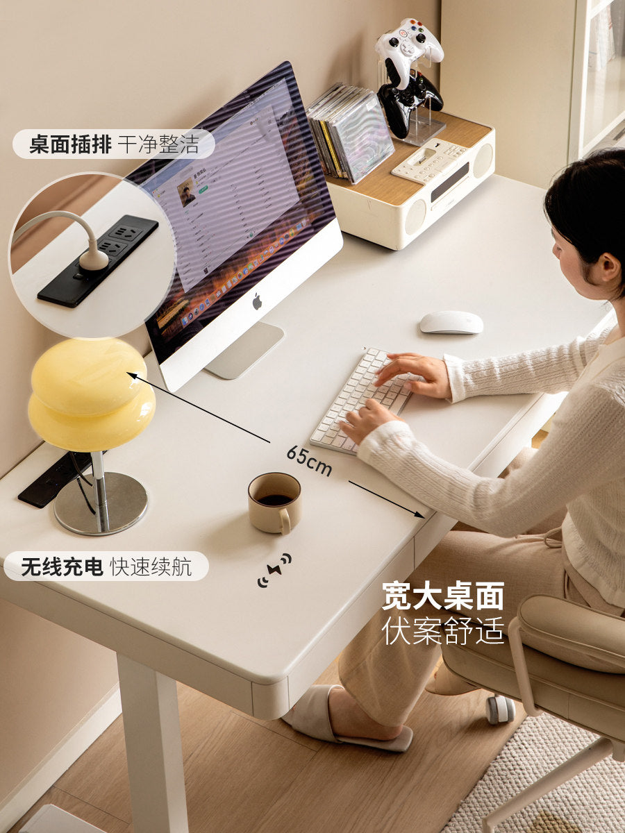 实木智能电动升降桌工作台写字桌多功能办公桌白色书桌