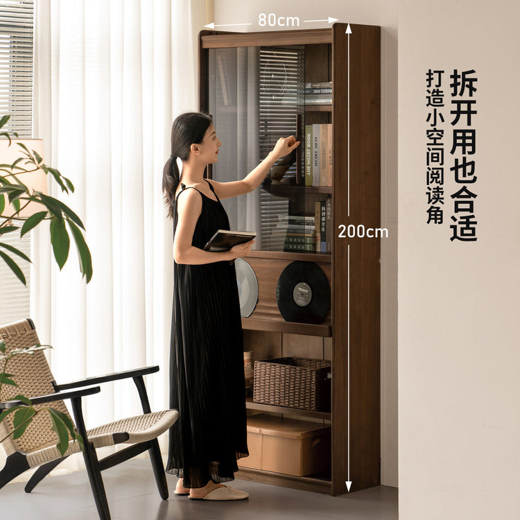 实木组合书柜黑胡桃木落地展示柜书房带灯书架靠墙置物柜