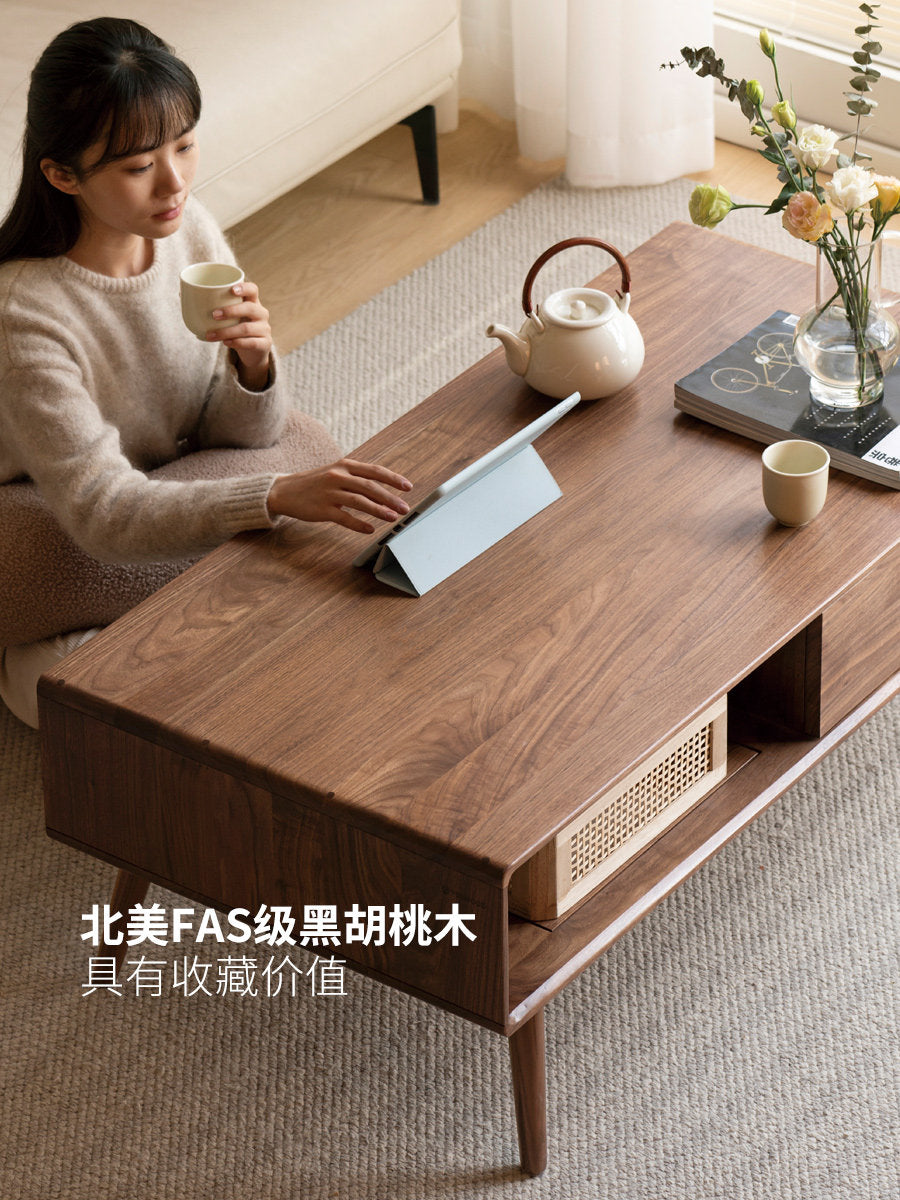 实木茶几简约客厅黑胡桃木茶桌小户型北欧储物茶台