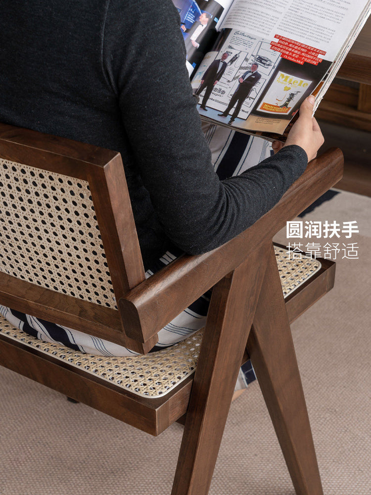 实木餐椅黑胡桃木扶手椅餐厅侘寂风藤编椅靠背椅子