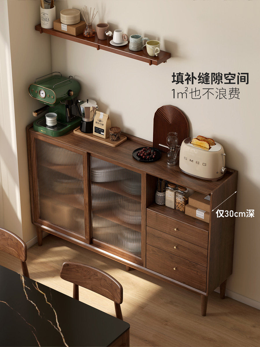 实木餐边柜黑胡桃木餐厅现代简约玻璃柜小户型储物柜