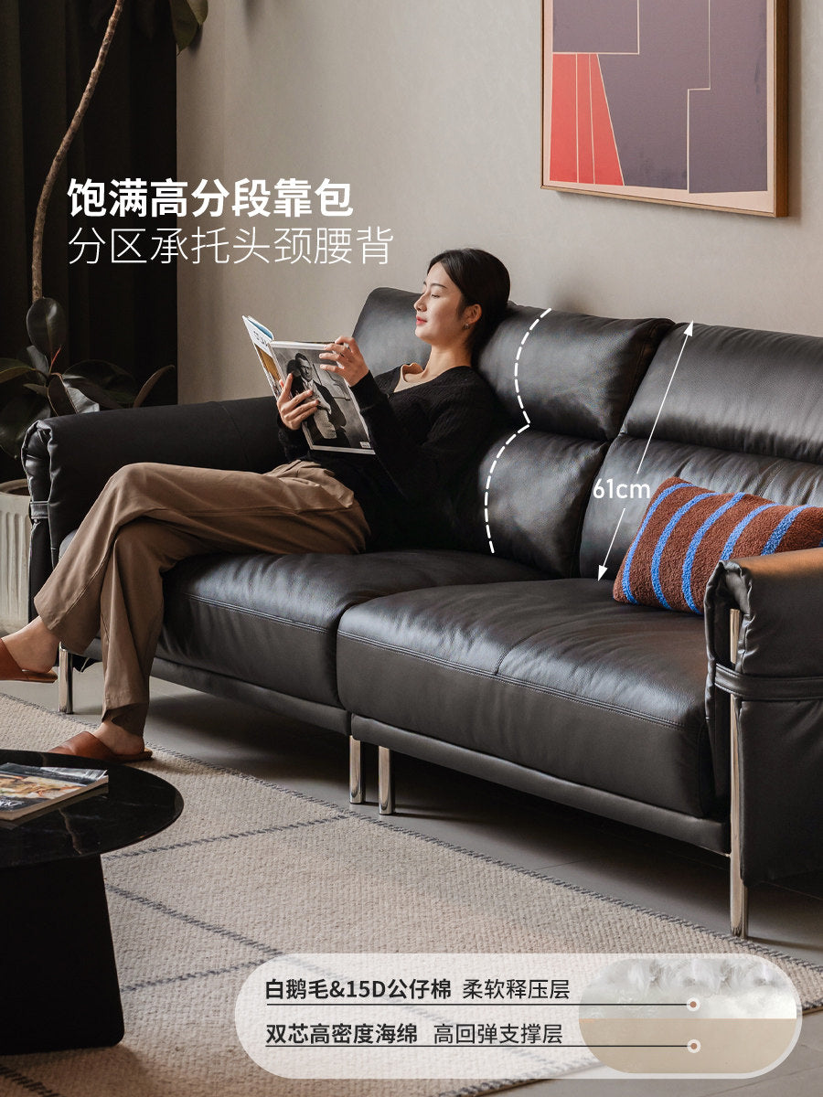 真皮沙发客厅包豪斯头层牛皮高靠背黑色直排沙发