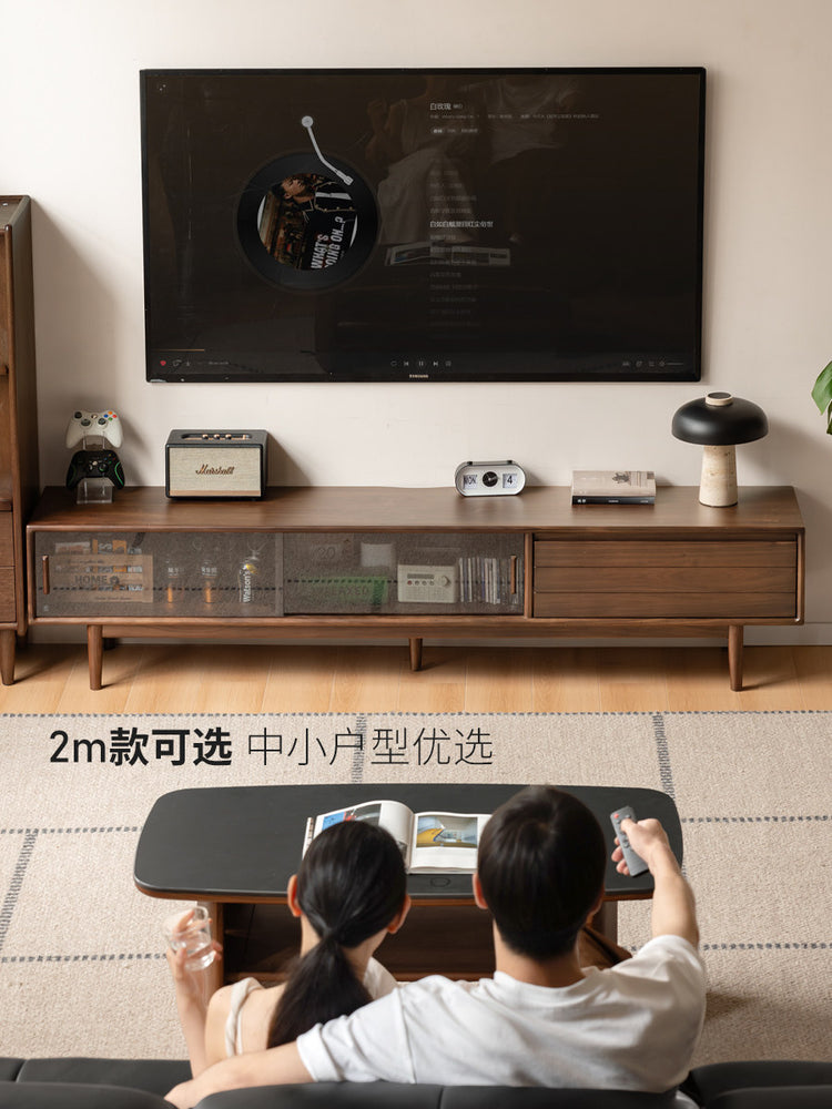 实木电视柜客厅现代简约移门储物柜黑胡桃木收纳地柜
