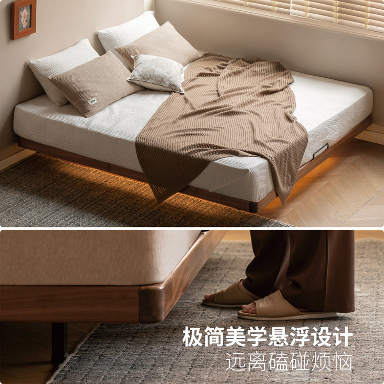 实木床卧室小户型无床头榻榻米简约悬浮床黑胡桃木双人床