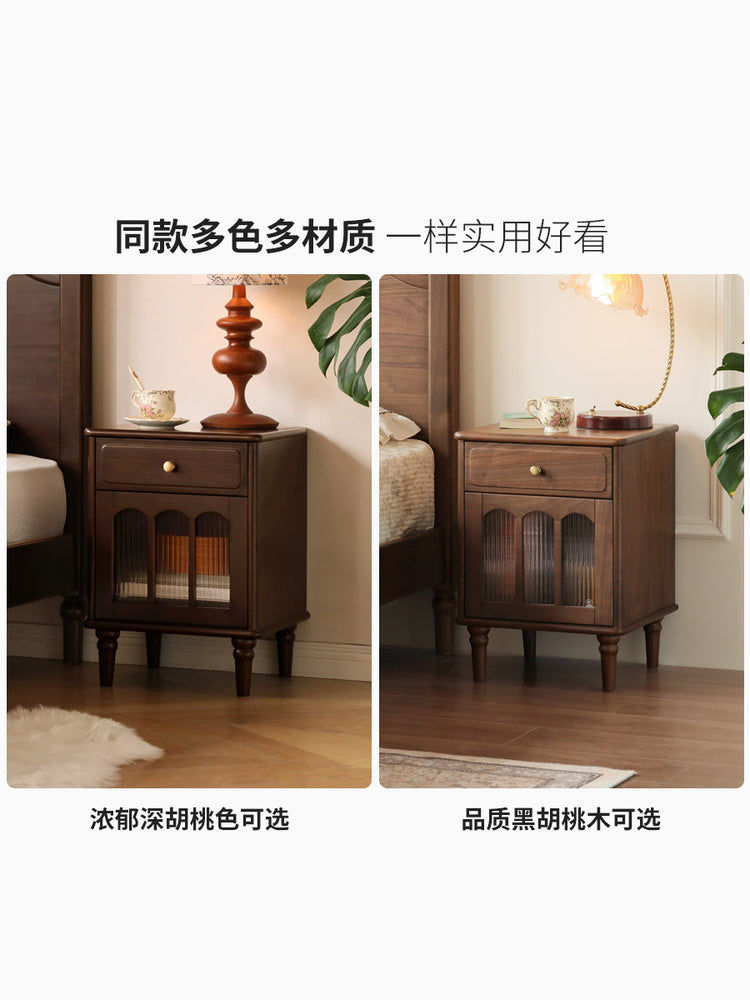 实木床头柜法式复古风床边柜卧室小柜子黑色储物柜