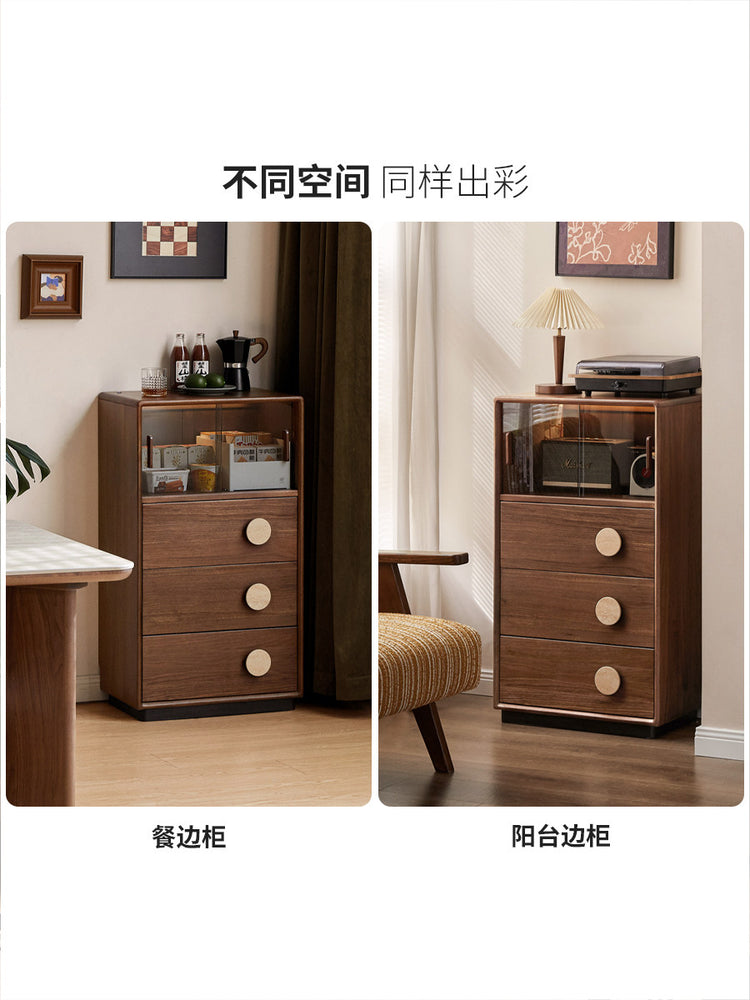 实木边柜客厅复古抽屉储物柜黑胡桃木展示柜落地置物柜