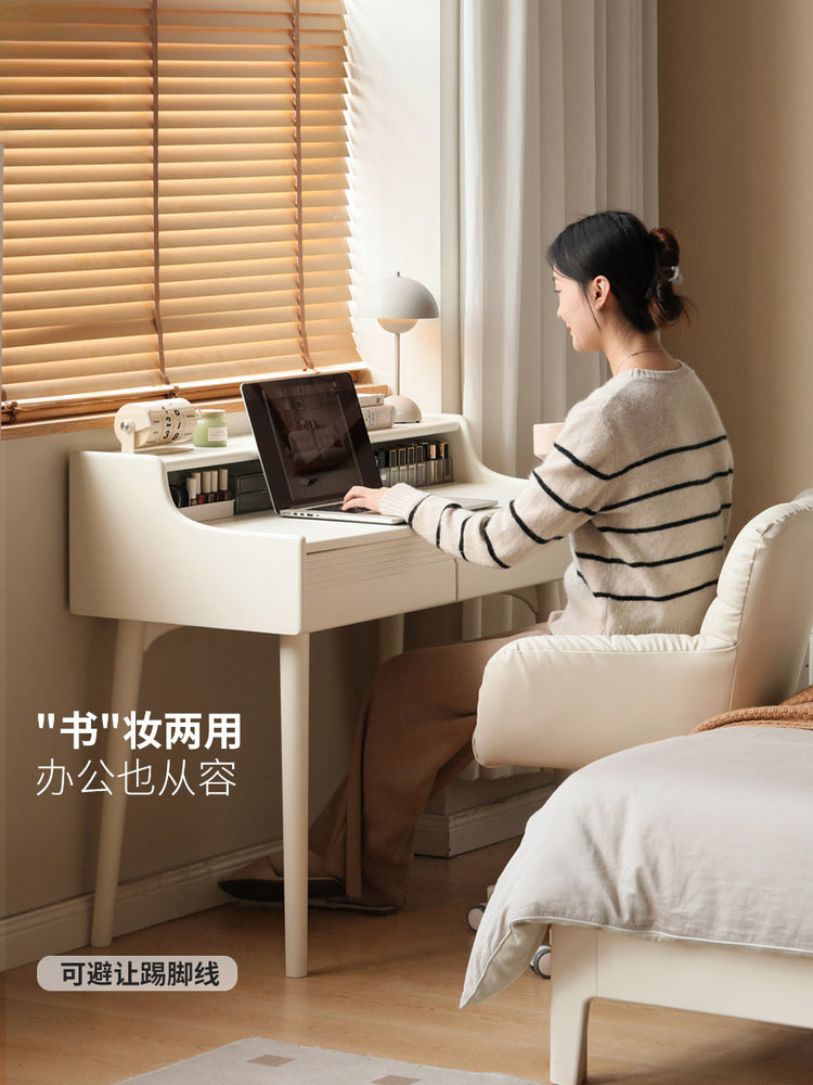 全实木梳妆台奶油风化妆桌电脑桌一体现代简约白色化妆台