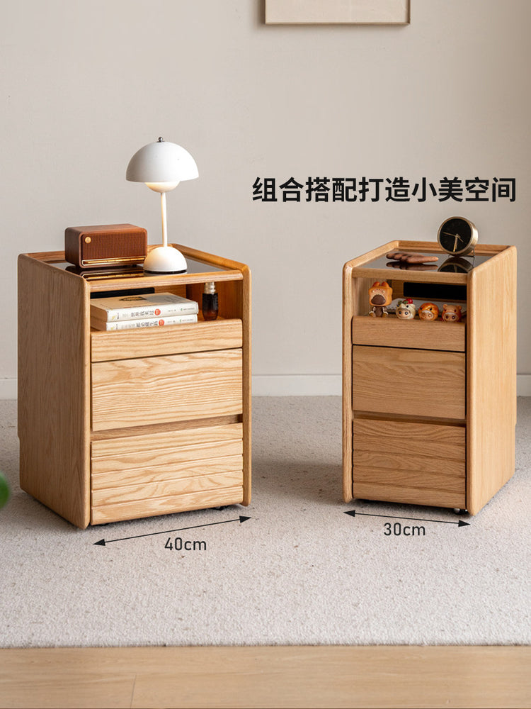 实木床头柜原木风玻璃床边柜卧室橡木带插座移动小储物柜