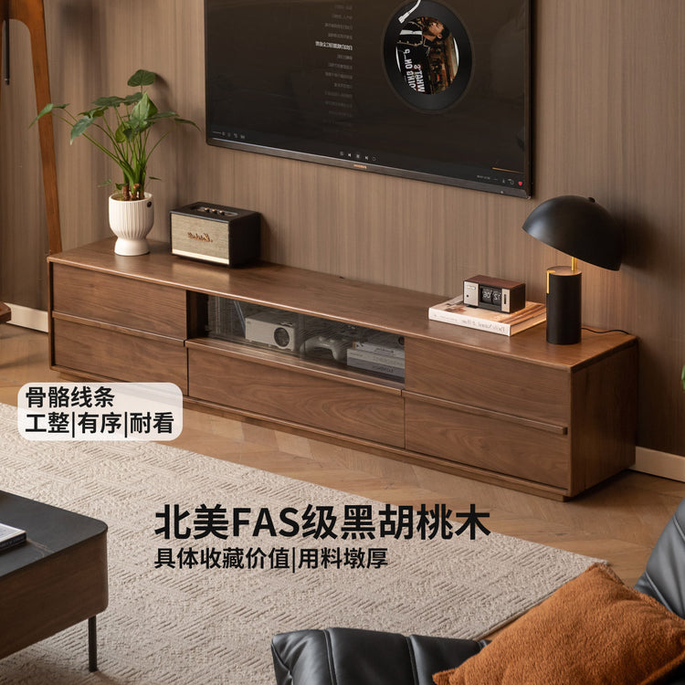 实木电视柜客厅侘寂风收纳储物一体黑胡桃木落地地柜