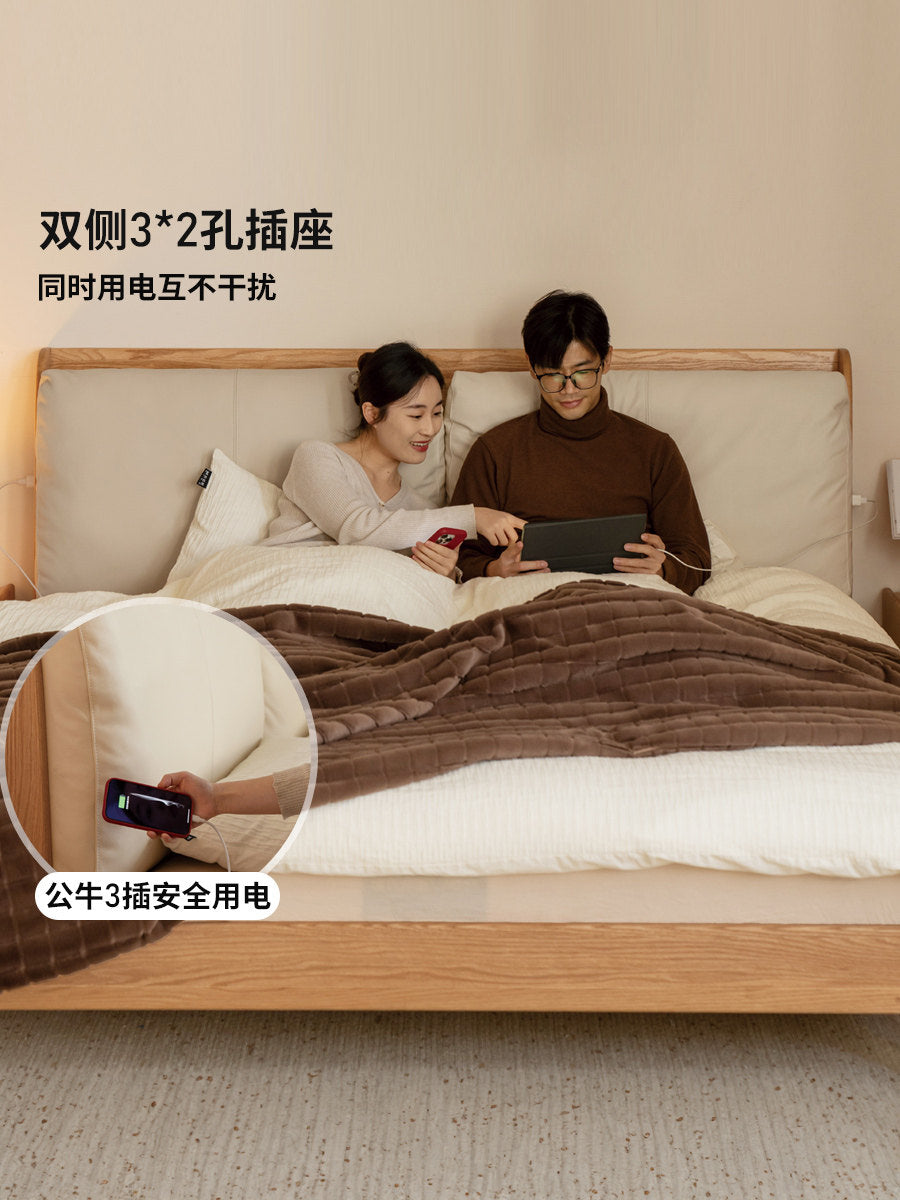 实木床现代简约橡木双人床多功能软包床真皮大床卧室家具