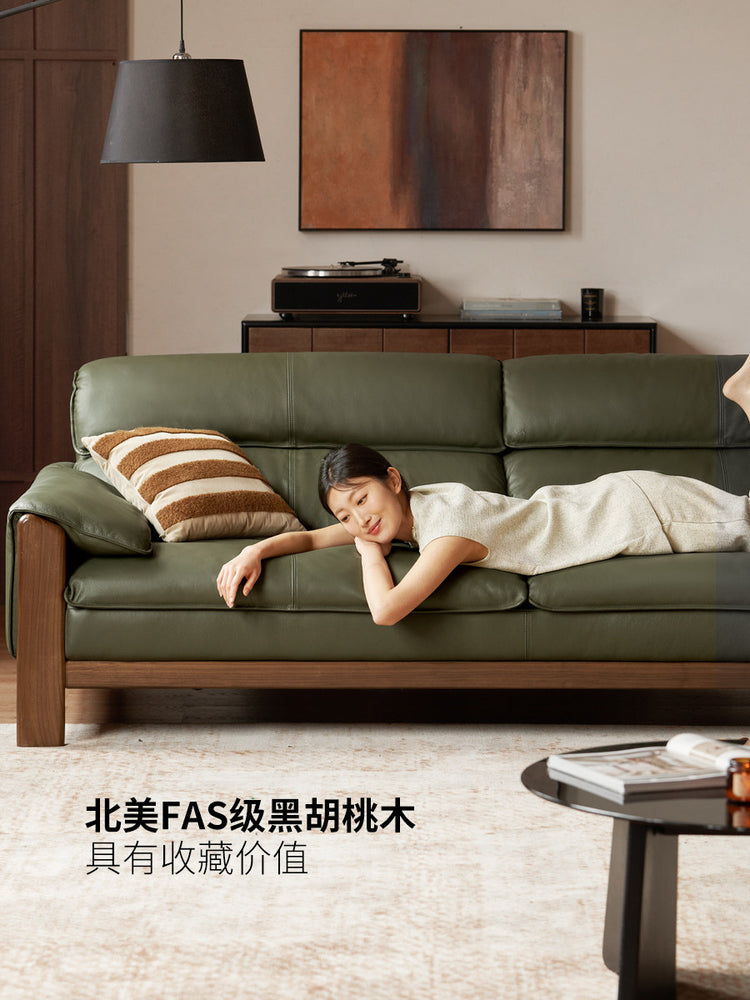 实木客厅意式轻奢真皮沙发黑胡桃木小户型直排沙发